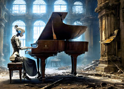 Kobieta robot grająca na fortepianie w zniszczonym domu