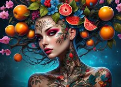Kobieta z tatuażem i owocami na głowie