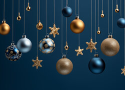 Boże Narodzenie, Kolorowe, Bombki, Gwiazdki, Niebieskie tło