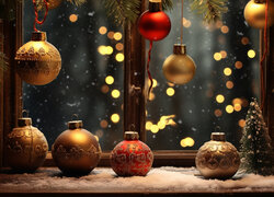 Święta, Boże Narodzenie, Okno, Parapet, Śnieg, Bombki, Choinki, Gałązki, Światełka