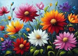 Kolorowe kwiaty na niebieskim tle w malarstwie