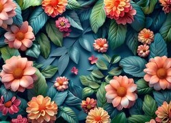 Kolorowe kwiaty ułożone na liściach