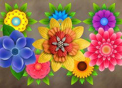 Kolorowe kwiaty w grafice na szarym tle