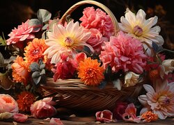 Kolorowe kwiaty w wiklinowym koszyku