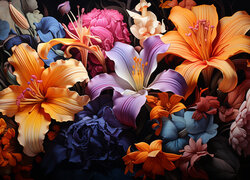 Lilie, Kolorowe, Kwiaty, Grafika