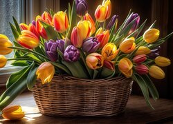 Kwiaty, Tulipany, Fioletowe, Żółte, Czerwone, Koszyk, Okno
