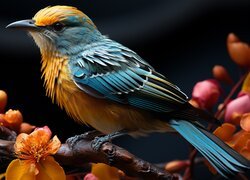 Kolorowy ptak na okwieconej gałązce w grafice