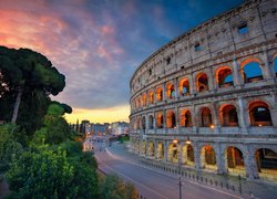 Włochy, Rzym, Koloseum, Amfiteatr, Ulica, Drzewa