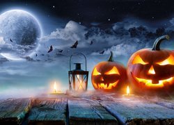 Halloween, Dynie, Lampion, Świece, Gwieździste, Niebo, Księżyc, Nietoperze