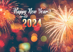 2024, Napis, Happy New Year, Sztuczne ognie