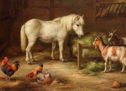 Koń i kozy przy sianie w stajni na obrazie Edgara Hunta