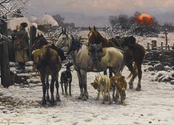 Konie, Psy, Zima, Dom, Postacie, Reprodukcja obrazów, Alfred Wierusz-Kowalski