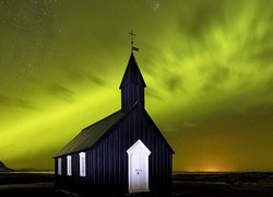 Islandia, Hofn, Zorza polarna, Kościół Budakirkja