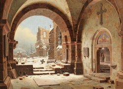 Malarstwo, Obraz, Carl Hasenpflug, Kościół, Ruiny