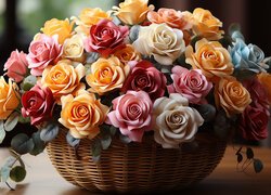 Kosz kolorowych rozświetlonych róż