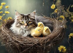 Kot i trzy kurczaki w gniazdku otoczonym kwiatami