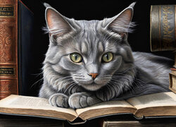 Kot leżący na książkach