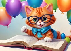Kotek nad książką i kolorowe balony