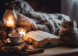 Kotek siedzący przy książce i lampie