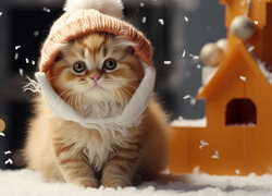Kot, Kotek, Czapka, Domek, Śnieg