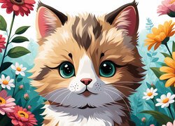 Kotek wśród kwiatów w grafice