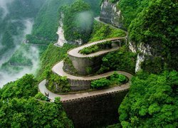 Zalesione, Góry, Góra Tianmen, Drzewa, Kręta, Droga, Zhangjiajie National Forest Park, Hunan, Chiny