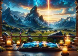 Książka obok świec na tarasie z widokiem na góry