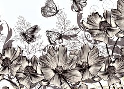 Kwiaty i motyle w odcieniu sepii