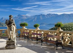 Włochy, Góry, Alpy, Jezioro, Lago di Como, Taras, Posąg, Ławki, Latarnia