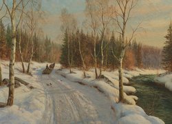 Leśna rzeka zimą na obrazie Pedera Monsteda