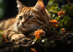 Kot, Spojrzenie, Kwiaty, Rośliny