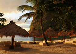 Plaża, Palma, Parasole, Ocean, Leżaki, Góry Piton, Wyspa, St. Lucia, Karaiby
