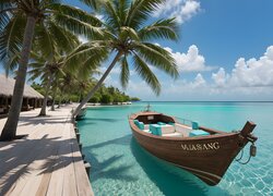 Łódka, Morze, Podest, Palmy, Domy, Malediwy