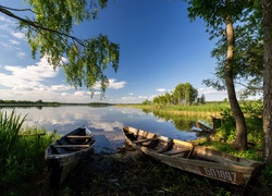 Białoruś, Rzeka, Łódki, Drzewa, Lato