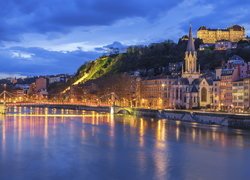 Rzeka Saone, Most, Miasto, Oświetlone, Domy, Kościół, Lyon, Francja