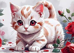 Mały biało-rudy kotek i czerwone róże w grafice
