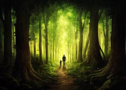 Las, Droga, Mgła, Mężczyzna, Dziecko, Drzewa, Grafika
