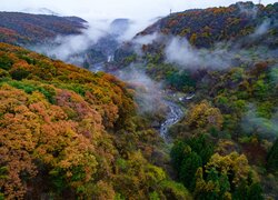 Mgła nad zalesionymi górami i rzeką Nikko w Japonii