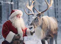 Mikołaj obok renifera w zimowym lesie