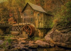 Jesień, Młyn, Glade Creek Grist Mill, Las, Drzewa, Skały, Park Babcock State, Wirginia Zachodnia, Stany Zjednoczone