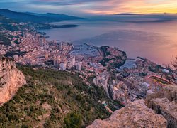 Morze Śródziemne, Zachód słońca, Domy, Monako