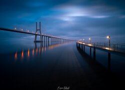 Portugalia, Most Vasco da Gamy, Rzeka Tag, Molo, Światła, Zmrok