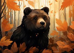 Niedźwiedź wśród jesiennych liści w lesie