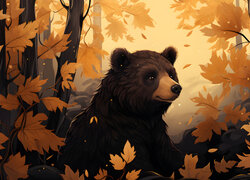 Niedźwiedź wśród spadających jesiennych liści