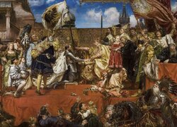 Reprodukcja obrazu, Jan Matejko, Hołd pruski 1525, Król, Zygmunt I Stary, Książę, Albrecht Hohenzollern, Kraków