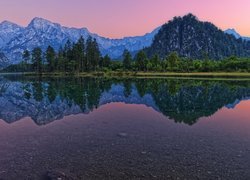 Zachód słońca, Góry, Alpy, Dolina Almtal, Jezioro Almsee, Drzewa, Mgła, Austria