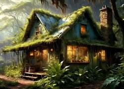 Omszały dach oświetlonego domu w lesie