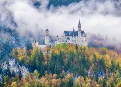 Niemcy, Bawaria, Zamek, Neuschwanstein, Lasy, Mgła, Jesień