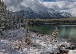 Zima, Góry, Chmury, Jezioro, Herbert Lake, Ośnieżone, Drzewa, Park Narodowy Banff, Kanada