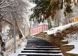 Zima, Śnieg, Park, Schody, Domy, Drzewa, Latarnia